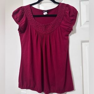 Agenda Cap Sleeve Gathered Trim Scoop Neck Top Red Size Medium Y2K‎ Style Casual